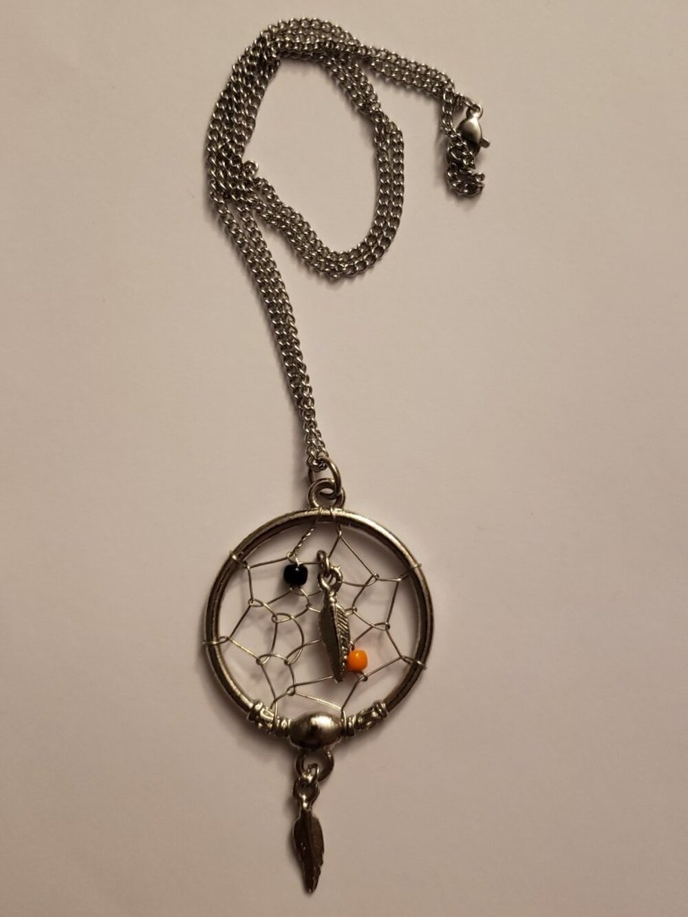 Southwestern Dreamcatcher Necklace Silvertone Feather Orange Black Beads Accents